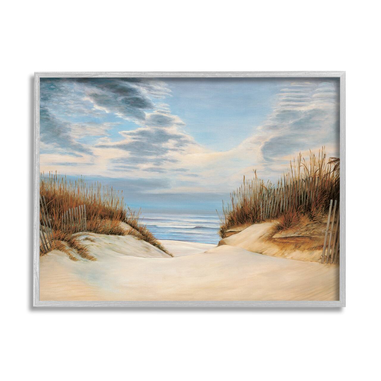 Stupell Industries Alluring Cloudy Beach Path Wooden Fence Tall Grass in Gray Frame Wall Art